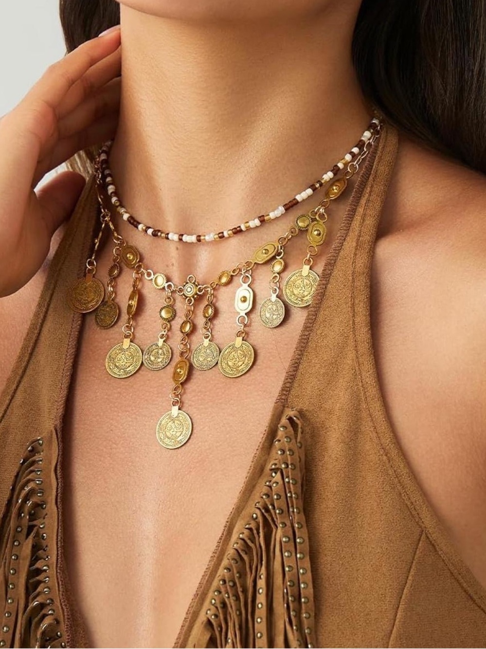 Anthropologie Gold Coin Fringe Necklace with Brown & Cream Beads - Picture 8 of 9